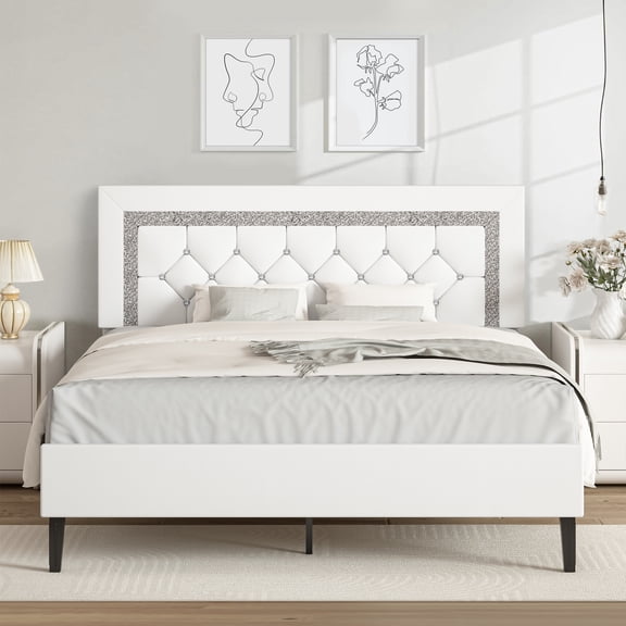 4 Ever Winner Full Bed Frame, Upholstered Platform Bed with Headboard, White Full Bed Frame, Diamond Design, White