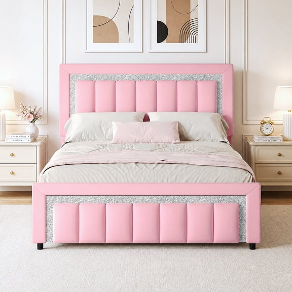 4 EVER WINNER Full Bed Frame, Velvet Upholstered Bed Frame with Diamond Headboard and Footboard, Pink Full Size Bed Frame, Princess Bed, Pink