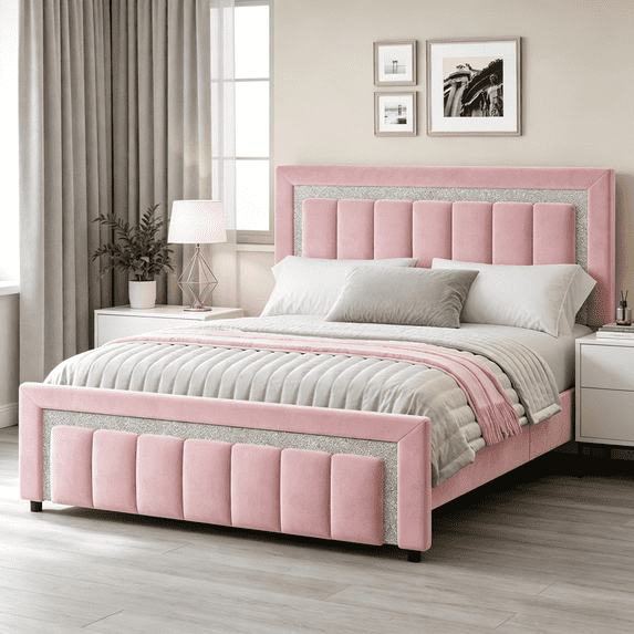 4 EVER WINNER Full Bed Frame, Velvet Upholstered Bed Frame with Diamond Headboard and Footboard, Pink Full Size Bed Frame, Princess Bed, Pink