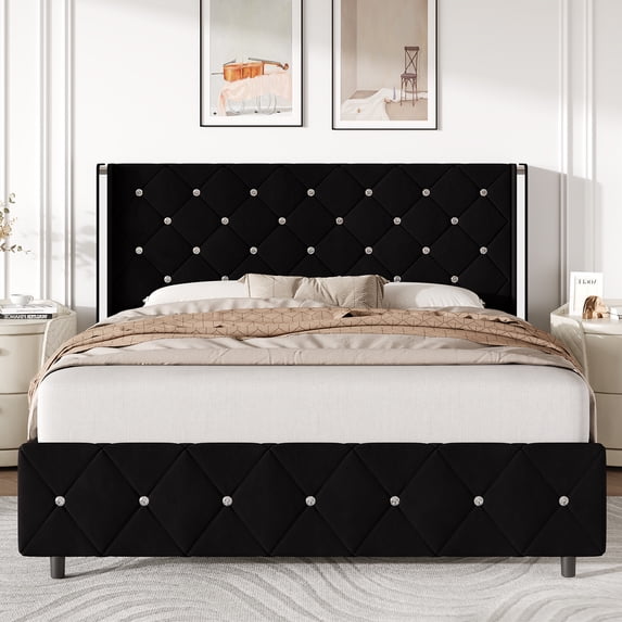 4 EVER WINNER Full Bed Frame, Velvet Upholstered Platform Bed Frame with Diamond Tufted Headboard and Wingback, Black