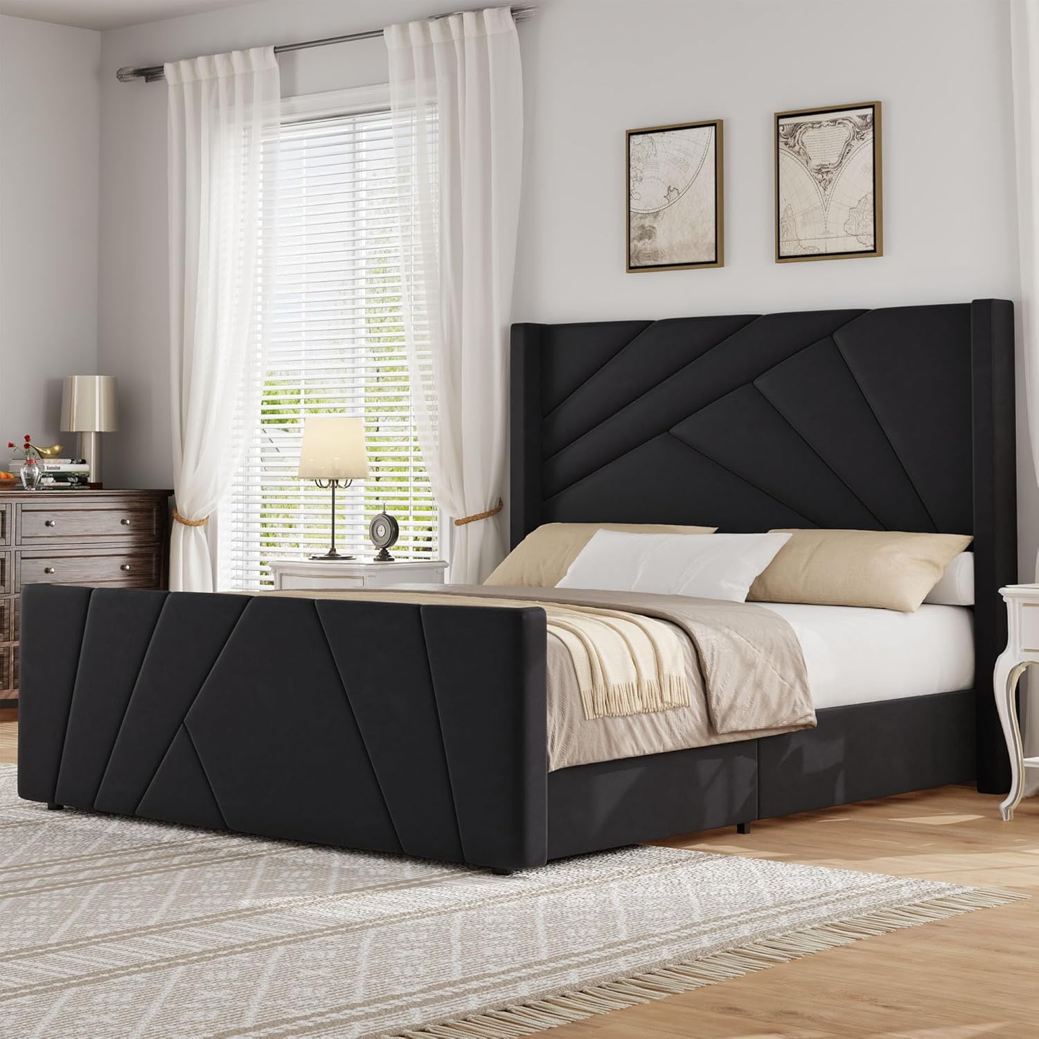 4 EVER WINNER Full Bed Frame, Velvet Upholstered Platform Bed with Headboard and Footbaord, Geometric Tufted Wingback Headboard & Footboard, Black