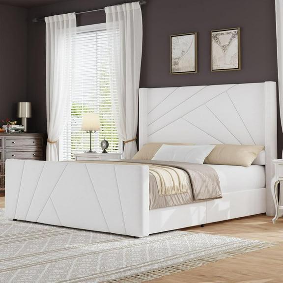 4 EVER WINNER Full Bed Frame, Velvet Upholstered Platform Bed with Headboard and Footbaord, Geometric Tufted Wingback Headboard & Footboard, White