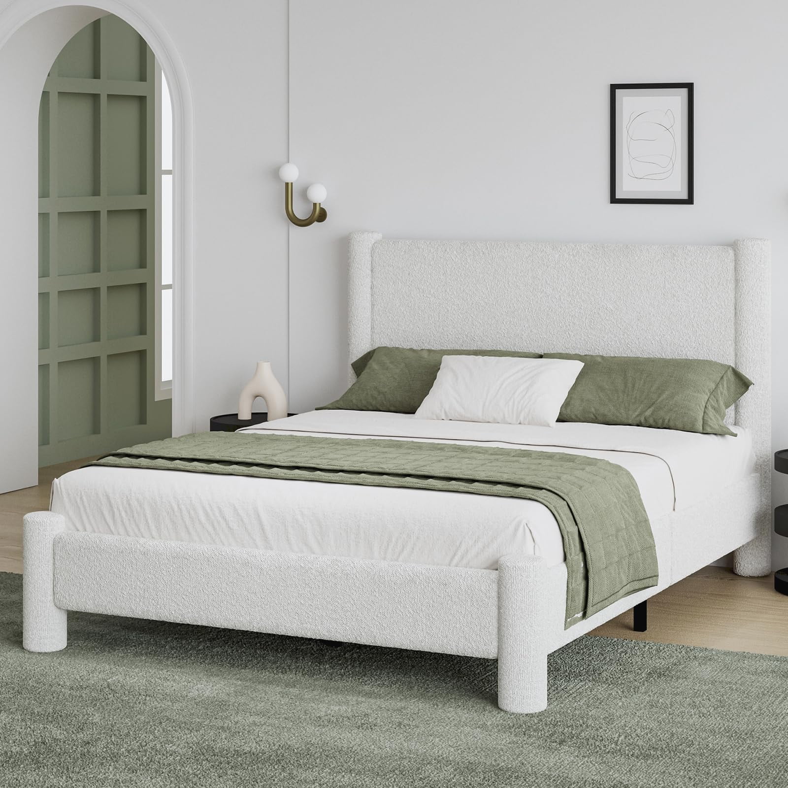 4 EVER WINNER Full Bed Frame, White Full Bed Frame, Upholstered Full Bed with Rounded Legs, Boucle Bed Frame with Headborad, White