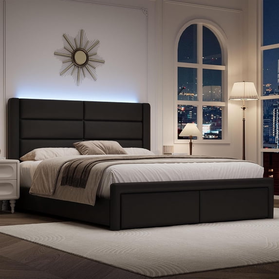4 EVER WINNER Full Bed Frame with LED Light, Modern Upholstered Platform Bed Frame Headboard and Footboard, Black Full Size Bed Frame, Black