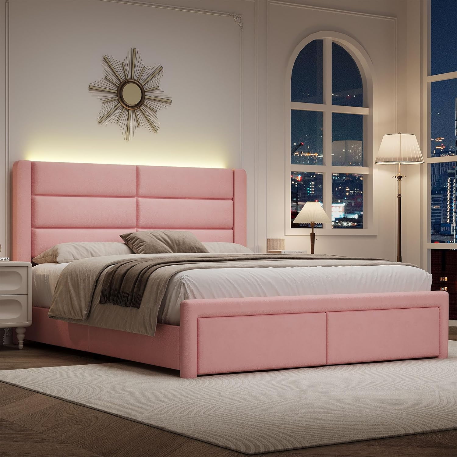 4 EVER WINNER Full Bed Frame with LED Light, Modern Upholstered Platform Bed Frame Headboard and Footboard, Pink Full Size Bed Frame, Pink