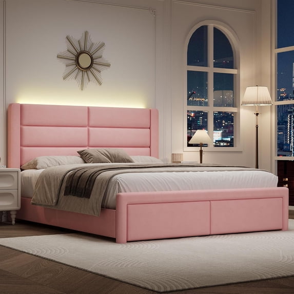 4 EVER WINNER Full Bed Frame with LED Light, Modern Upholstered Platform Bed Frame Headboard and Footboard, Pink Full Size Bed Frame, Pink
