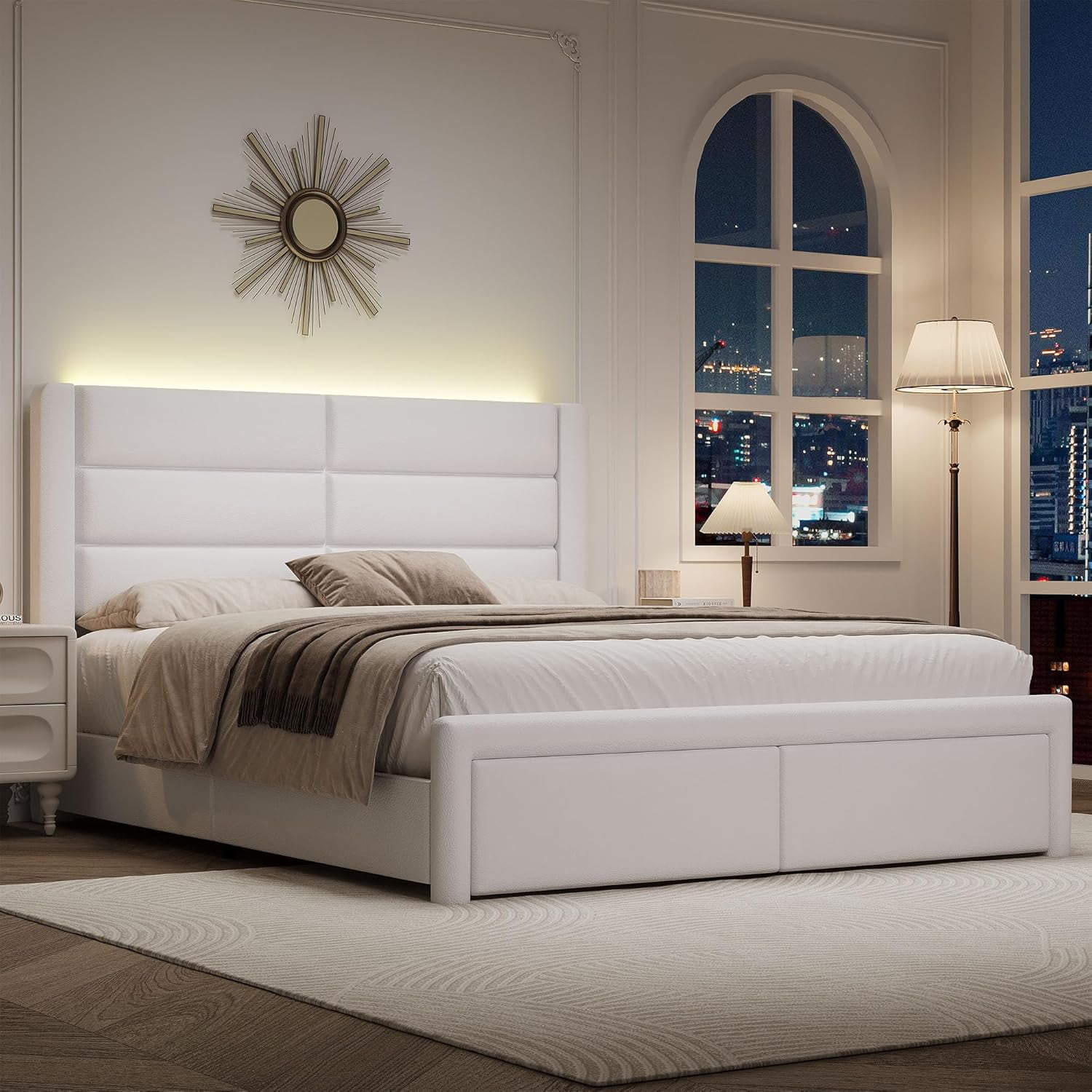 4 EVER WINNER Full Bed Frame with LED Light, Modern Upholstered Platform Bed Frame Headboard and Footboard, White Full Size Bed Frame, White