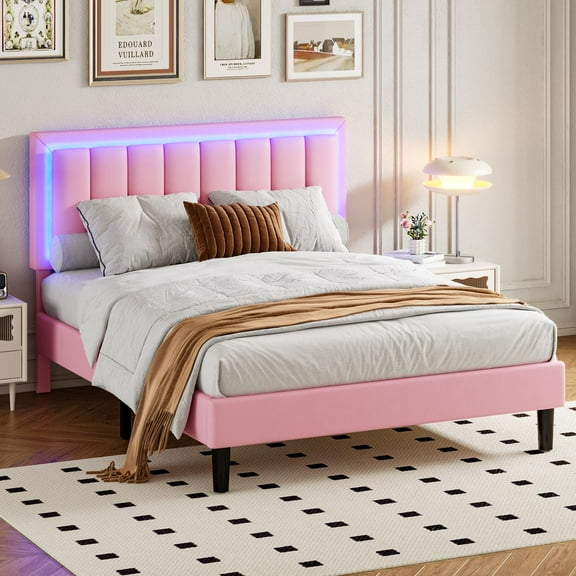 4 EVER WINNER Full Bed Frame with LED Light, Upholstered Platform Bed Frame with Headboard, Pink