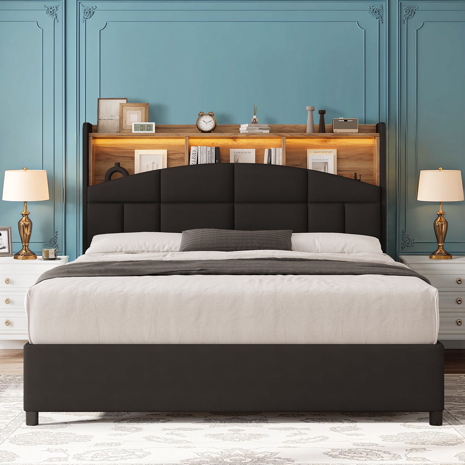 4 EVER WINNER Full Bed Frame with Storage Headboard, Velvet Upholstered Platform Bed Frame with LED Light, Black