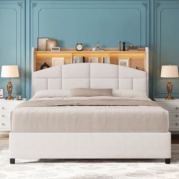 4 EVER WINNER Full Bed Frame with Storage Headboard, Velvet Upholstered Platform Bed Frame with LED Light, White