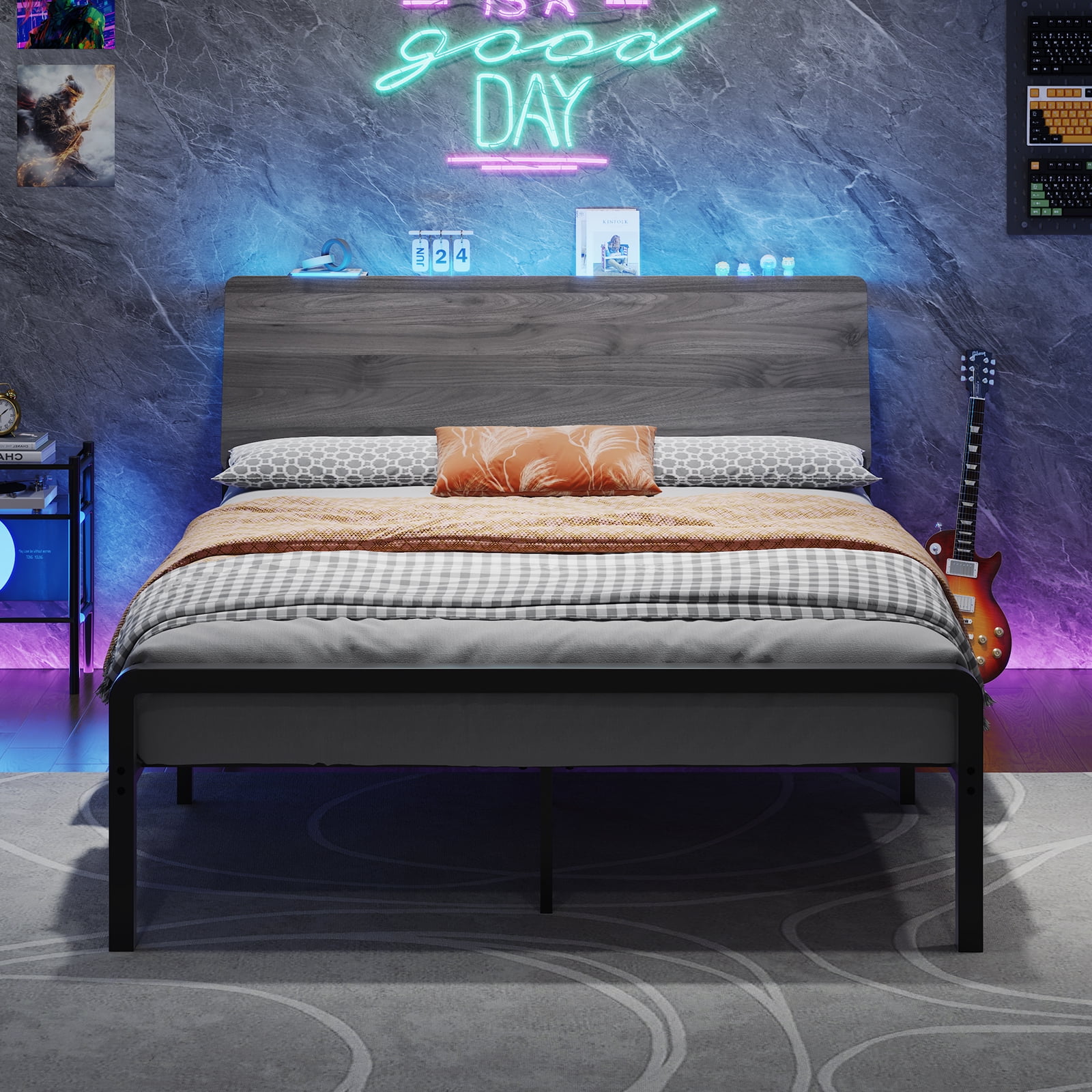 4 EVER WINNER Full Bed Frame with Storage Headboard and LED Light, Metal Platform Bed Frame with Wooden Headboard, No Box Spring, Gray