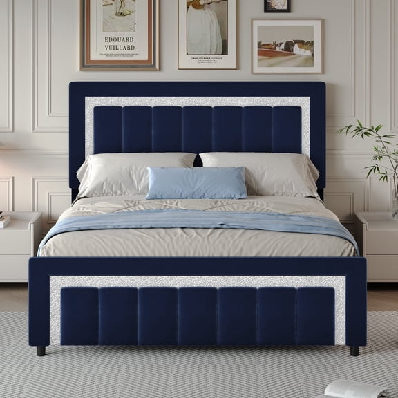 4 EVER WINNER Full Bed Frame with Upholstered Headboard and Slats Support, Deep Sea Blue