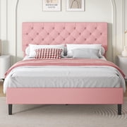 4 EVER WINNER Full Bed Frame, Full Upholstered Platform Bed with Button Tufted Headboard, Pink Full Bed Frame, Pink