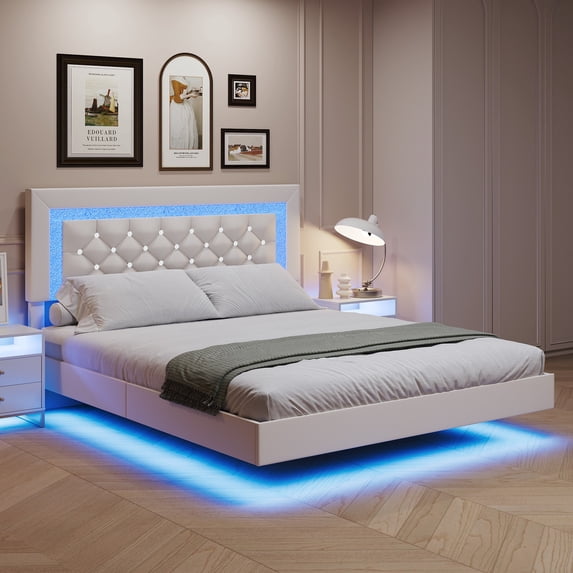 4 EVER WINNER Full Size Floating Bed Frame with LED Lights, Upholstered Platform Bed Frame with Diamond Tufted Headboard, White Full Size Bed Frame, White