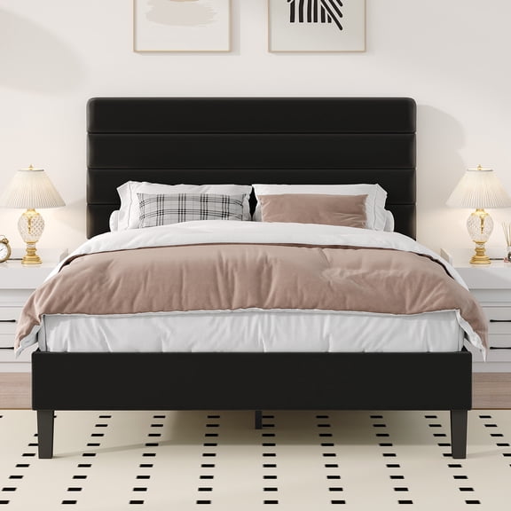 4 EVER WINNER Full Platform Bed Frame, Horizontal Stitched Black Velvet Headboard, Heavy-Duty Slat Support, Noise-Free Mattress Foundation, No Box Spring