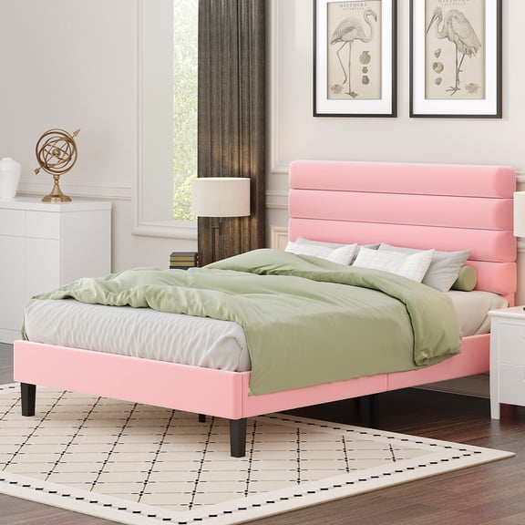 4 EVER WINNER Full Platform Bed with Horizontal Stitched Pink Velvet Headboard, Upholstered Base, Stable Slat Support, Easy Assembly