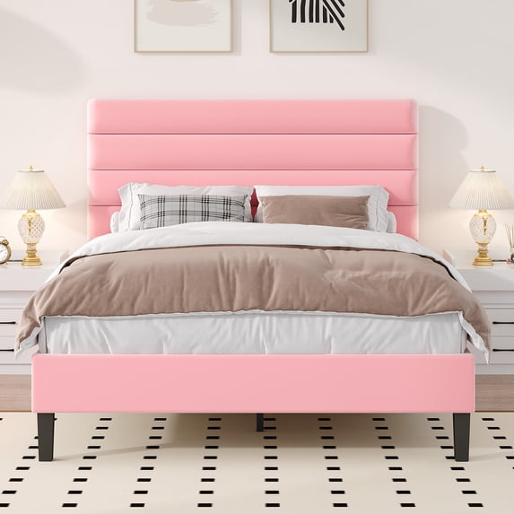 4 EVER WINNER Full Platform Bed with Horizontal Stitched Pink Velvet Headboard, Upholstered Base, Stable Slat Support, Easy Assembly