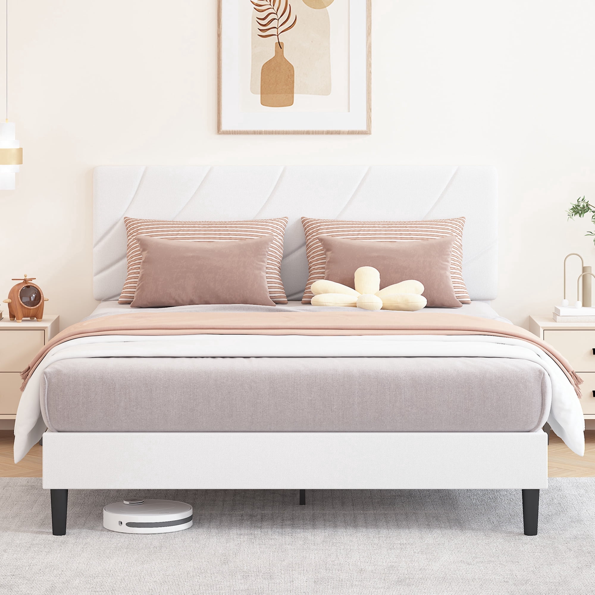 4 EVER WINNER Full Size Bed Frame with Adjustable Headboard, Full Bed Frame with Linen Fabric Upholstered, Strong Wooden Slats, No Box Spring Needed, Noise Free, Easy Assembly, White