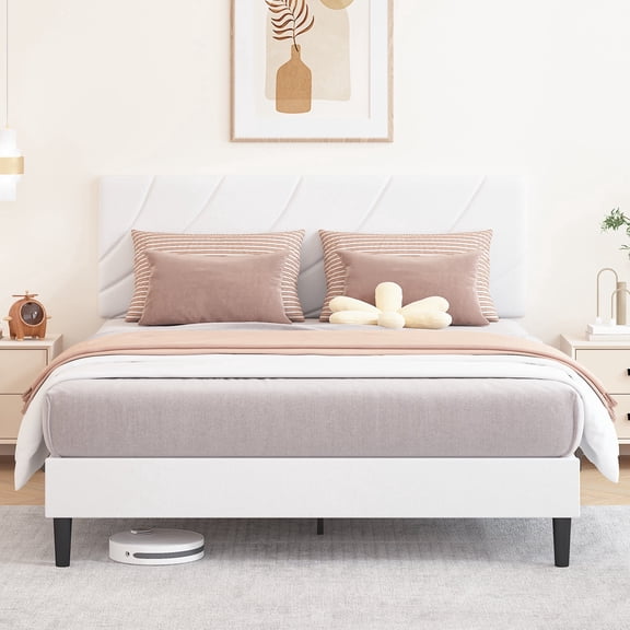 4 EVER WINNER Full Size Bed Frame with Adjustable Headboard, Full Bed Frame with Linen Fabric Upholstered, Strong Wooden Slats, No Box Spring Needed, Noise Free, Easy Assembly, White