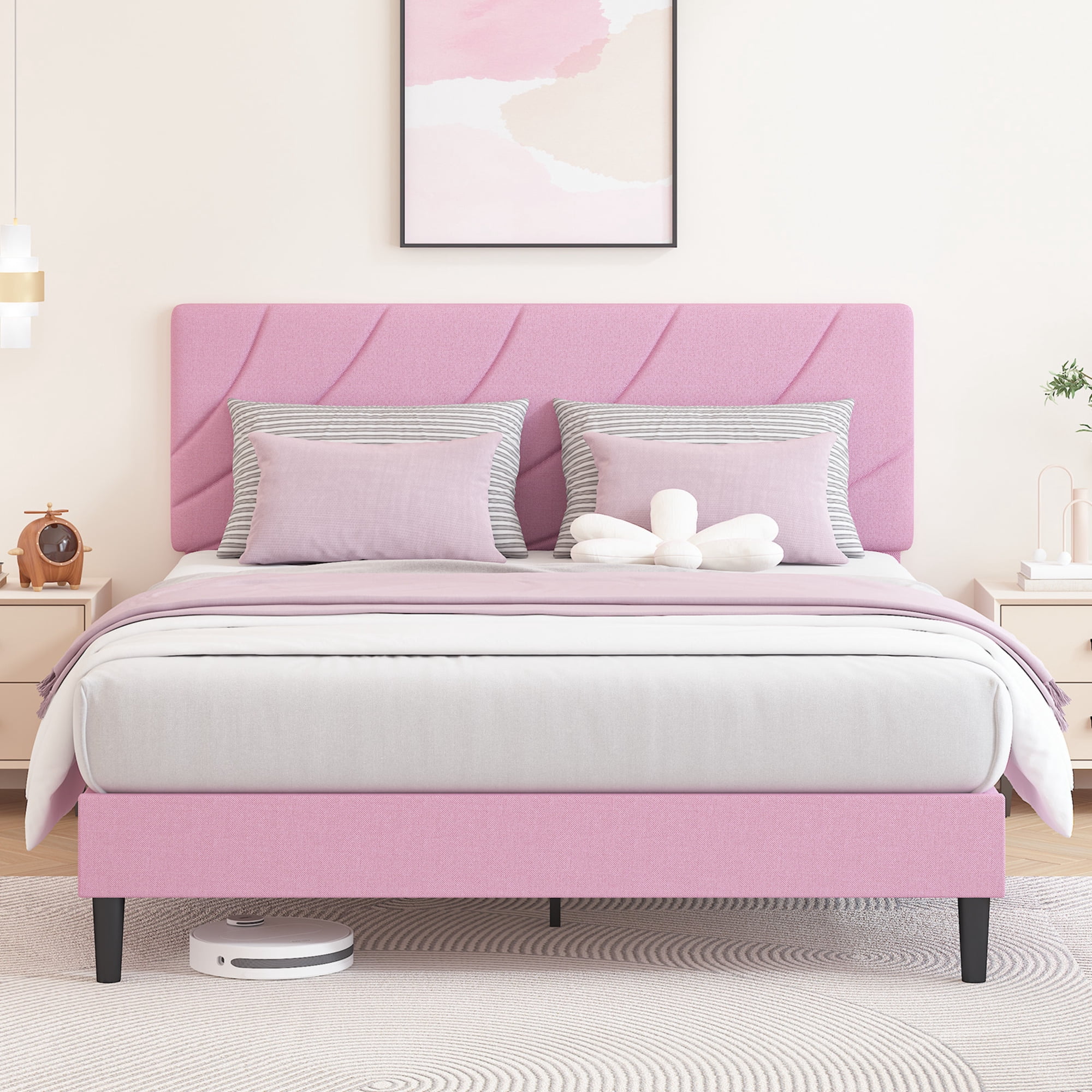 4 EVER WINNER Full Size Bed Frame with Adjustable Headboard, Full Bed Frame with Linen Fabric Upholstered, Strong Wooden Slats, No Box Spring Needed, Noise Free, Easy Assembly, Pink