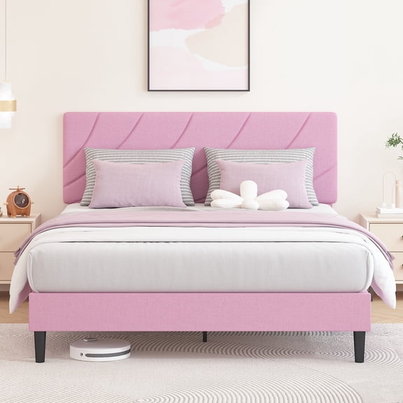 4 EVER WINNER Full Size Bed Frame with Adjustable Headboard, Full Bed Frame with Linen Fabric Upholstered, Strong Wooden Slats, No Box Spring Needed, Noise Free, Easy Assembly, Pink