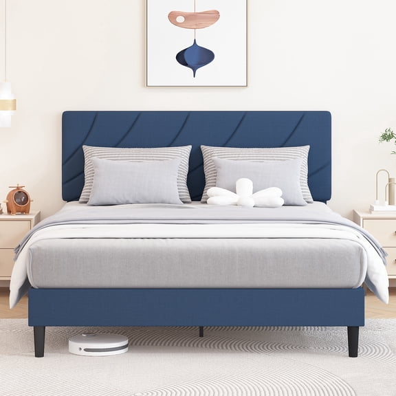 4 EVER WINNER Full Size Bed Frame with Adjustable Headboard, Full Bed Frame with Linen Fabric Upholstered, Strong Wooden Slats, No Box Spring Needed, Noise Free, Easy Assembly, Blue