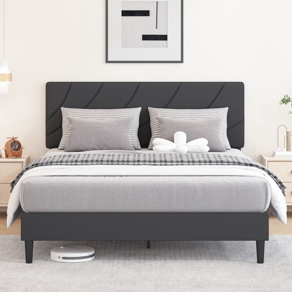4 EVER WINNER Full Size Bed Frame with Adjustable Headboard, Full Bed Frame with Linen Fabric Upholstered, Strong Wooden Slats, No Box Spring Needed, Noise Free, Easy Assembly, Black