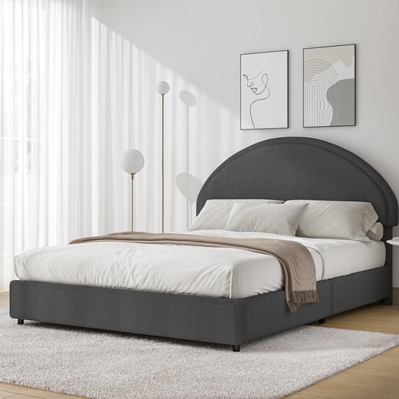 4 EVER WINNER Full Size Bed Frame, Boucle Upholstered Bed Frame with Headboard, Gray Full Bed Frame, Dark Gray