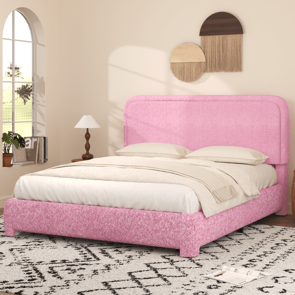 4 EVER WINNER Full Size Bed Frame, Boucle Upholstered Bed Frame with Headboard, No Box Spring Required, Easy Assembly, Dark Pink