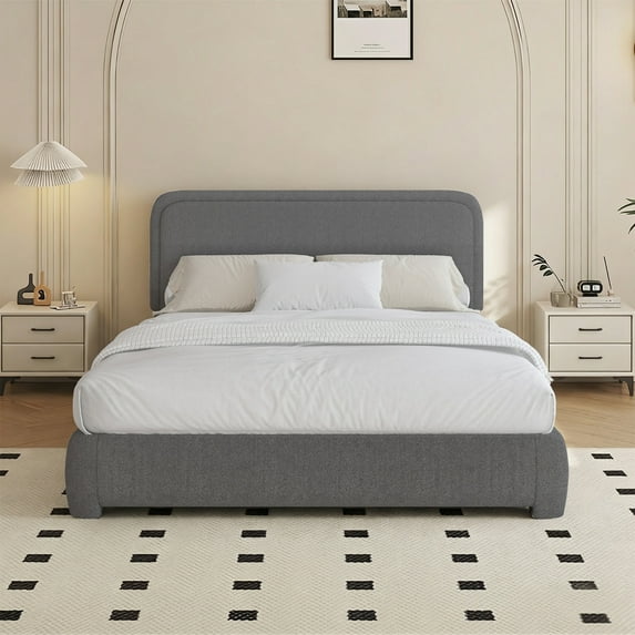 4 EVER WINNER Full Size Bed Frame, Boucle Upholstered Bed Frame with Headboard, No Box Spring Required, Easy Assembly, Dark Gray