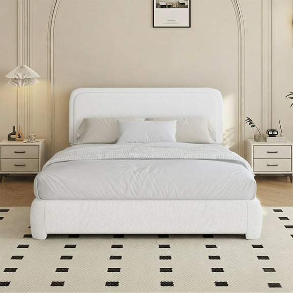 4 EVER WINNER Full Size Bed Frame, Boucle Upholstered Bed Frame with Headboard, No Box Spring Required, Easy Assembly, White