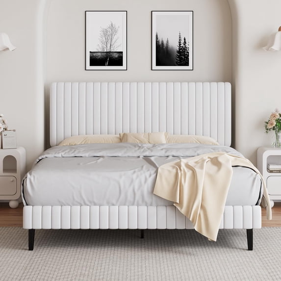 4 EVER WINNER Full Size Bed Frame, Full Size Upholstered Platform Bed Frame with Vertical Channel Tufted Headboard, White Full Bed Frame, White