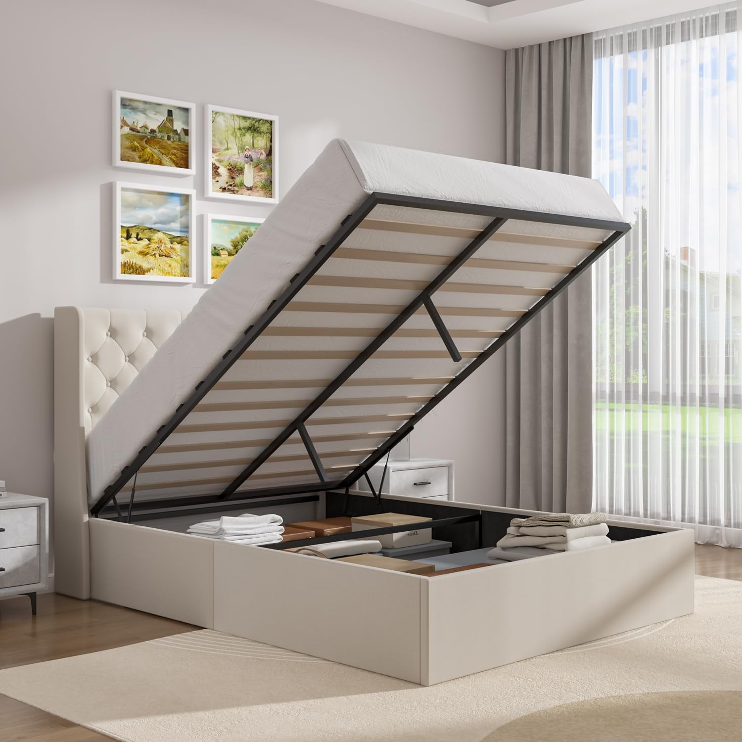 4 EVER WINNER Full Size Bed Frame, Lift Up Storage Bed with Wingback