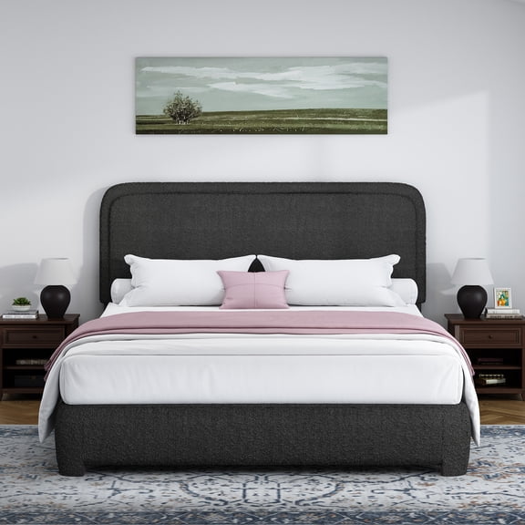 4 EVER WINNER Full Size Bed Frame, Modern White Bed Frame with Headboard, Boucle Fabric Upholstered Bed Frame, Soft Curved Headboard, Black