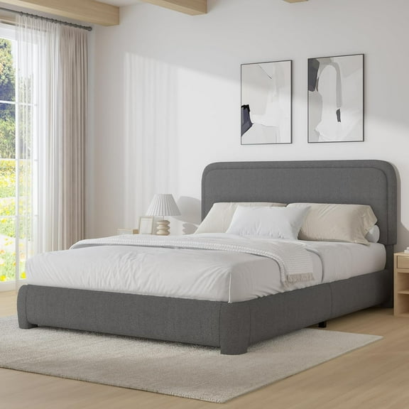 4 EVER WINNER Full Size Bed Frame, Modern White Bed Frame with Headboard, Boucle Fabric Upholstered Bed Frame, Soft Curved Headboard, Gray