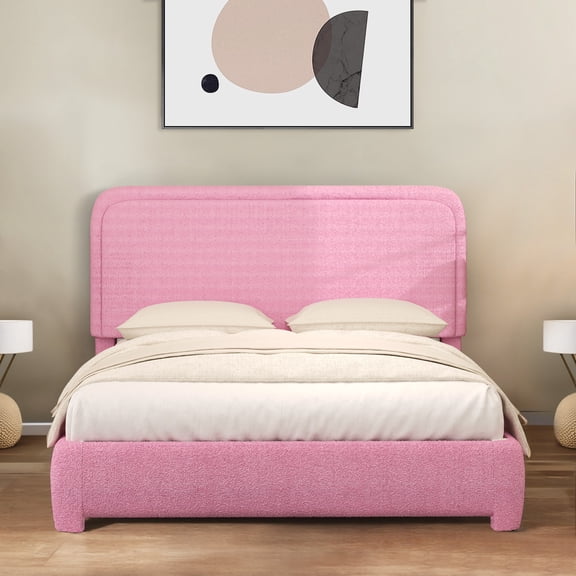 4 EVER WINNER Full Size Bed Frame, Modern White Bed Frame with Headboard, Boucle Fabric Upholstered Bed Frame, Soft Curved Headboard, Pink