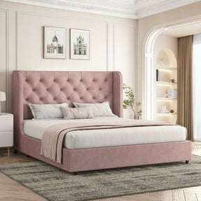 4 EVER WINNER Full Size Bed Frame, Pink Full Bed Frame, Modern Upholstered Platform Bed Frame with Button Wingback Headboard, Pink