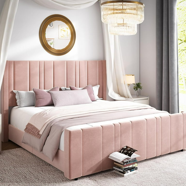 4 Ever Winner Full Size Bed Frame Pink Full Bed Frame Modern Velvet Upholstered Platform Bed Frame with Wingback Headboard Pink