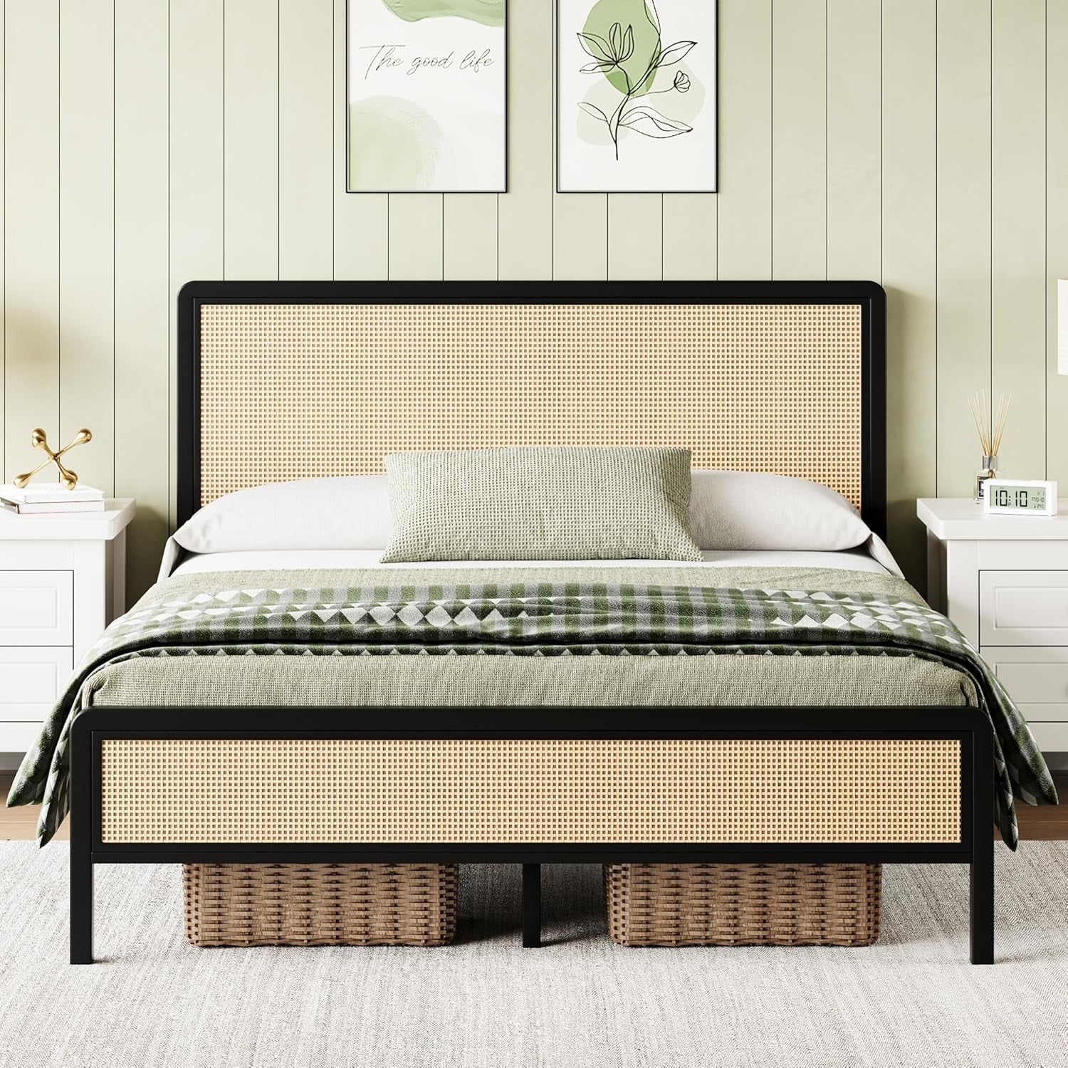 4 EVER WINNER Full Size Bed Frame, Rattan Bed Frame with Natural Rattan ...