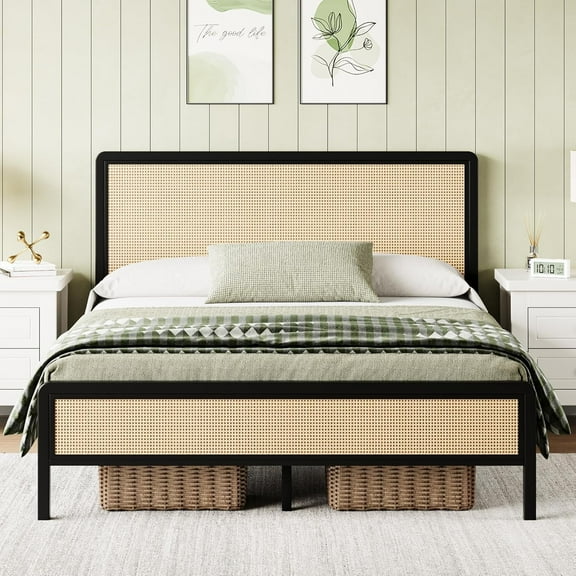 4 EVER WINNER Full Size Bed Frame, Rattan Bed Frame with Natural Rattan Headboard and Footboard, No Box Spring Needed, Black
