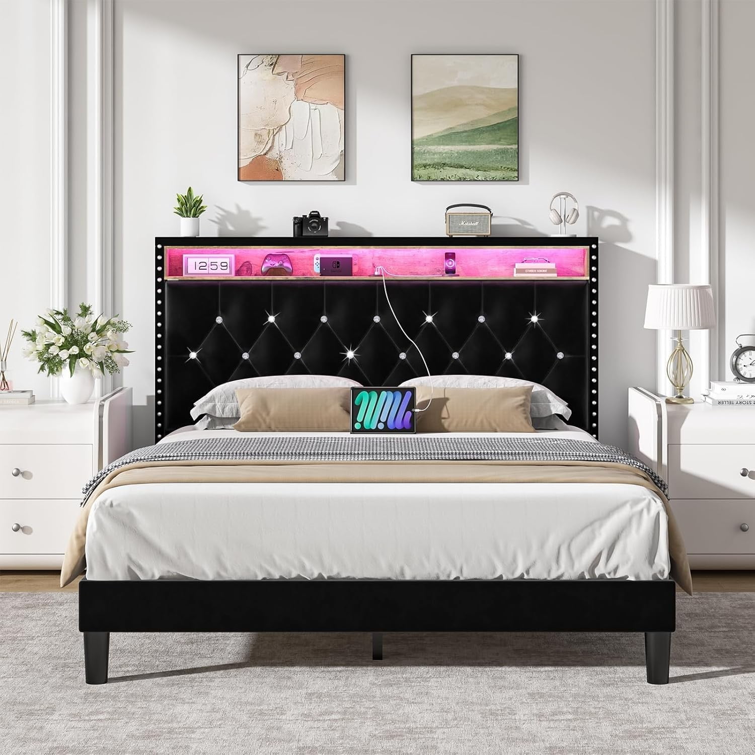 4 EVER WINNER Full Size Bed Frame with Storage Headboard, Velvet Upholstered Bed Frame with LED Light, Black Full Bed Frame with Charge Station, Black