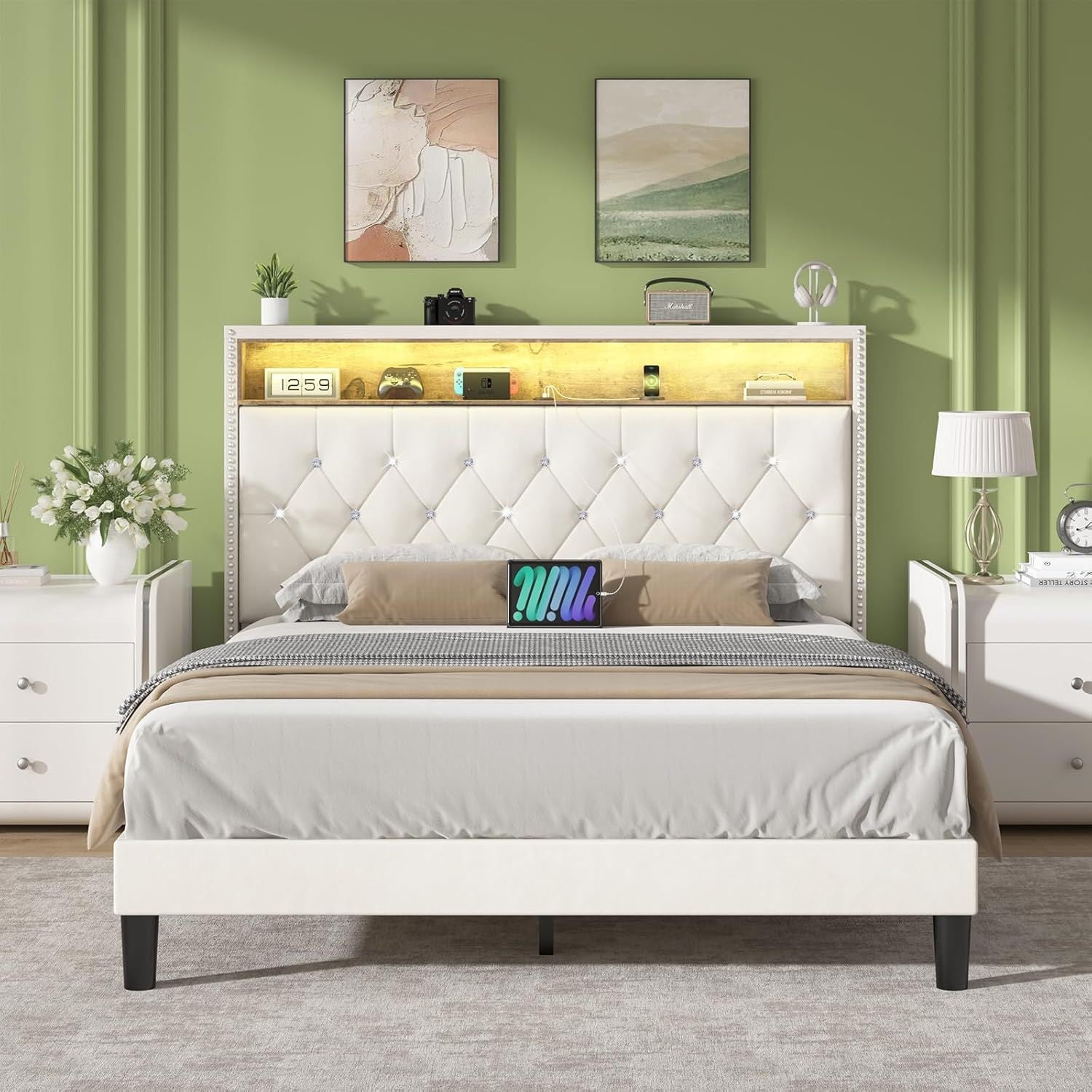 4 EVER WINNER Full Size Bed Frame with Storage Headboard, Velvet Upholstered Bed Frame with LED Light, White Full Bed Frame with Charge Station, White
