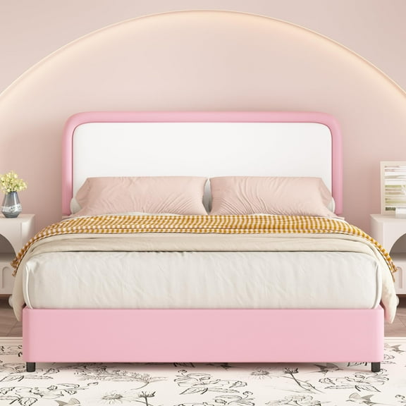 4 EVER WINNER Full Size Bed Frame, Upholstered Platform Bed Frame with Curved Headboard, Low Profile Bed Frame, Soft Rounded Corners & Footboard, White & Pink