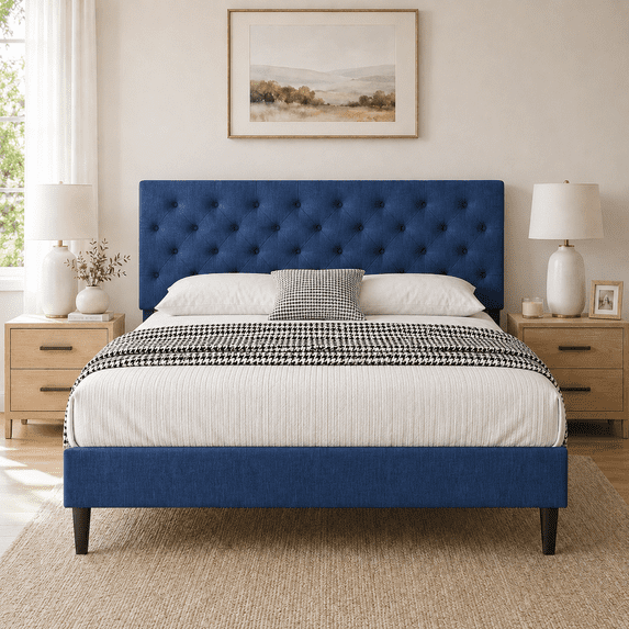 4 Ever Winner Full Size Bed Frame, Upholstered Platform Bed with Headboard, Button Tufted Headboard, Blue