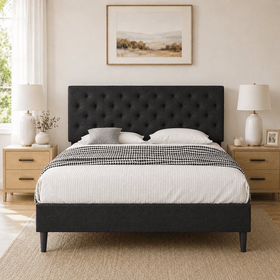 4 Ever Winner Full Size Bed Frame, Upholstered Platform Bed with Headboard, Button Tufted Headboard, Dark Gray