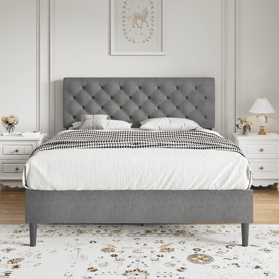 4 EVER WINNER Full Size Bed Frame, Upholstered Platform Bed with Headboard, Button Tufted Headboard, Gray