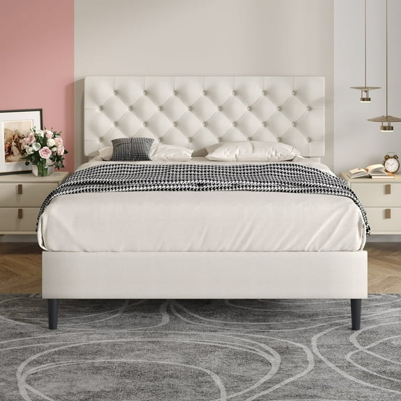 4 EVER WINNER Full Size Bed Frame, Upholstered Platform Bed with Headboard, Button Tufted Headboard, White