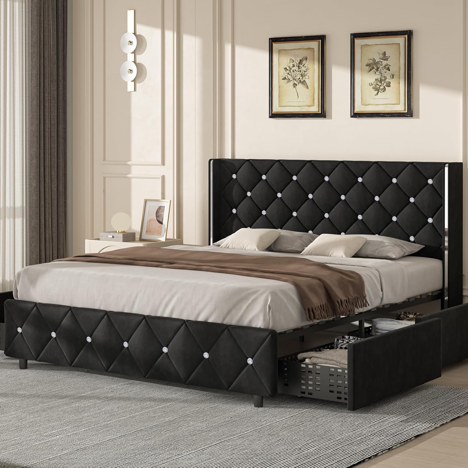 4 EVER WINNER Full Size Bed Frame with 4 Storage Drawers, Upholstered