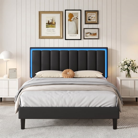 4 EVER WINNER Full Size Black Bed Frame with LED Lights, PU Leather Upholstered Headboard, Sturdy Platform Design, Noise-Free, No Box Spring Needed, Easy Assembly