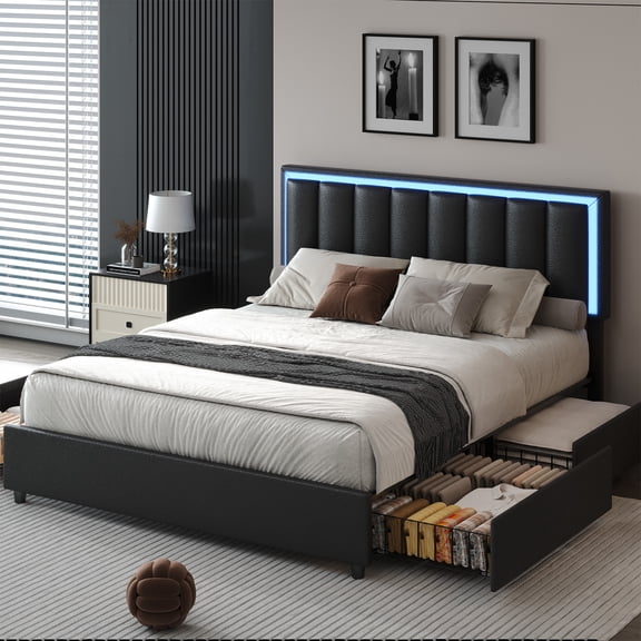 4 EVER WINNER Full Size Black Upholstered Platform Bed Frame with 4 Storage Drawers, RGB LED Lights, Heavy Duty Metal Slat Support, Noise-Free, No Box Spring Needed